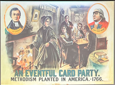 Barbara Heck throws cards into the fire